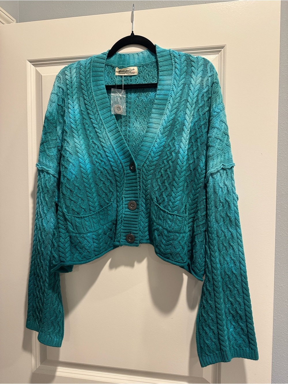 NWOT Free People Washed Ashore Cable Knit Cardi - Teal XSMALL - Picture 5 of 14